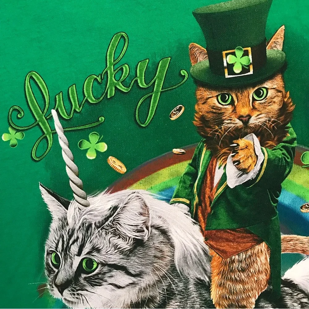 Lucky Cats Graphic Tee Adult 3XL XXXL Green Saint Patricks Day Leprechaun Unicat - Picture 5 of 7